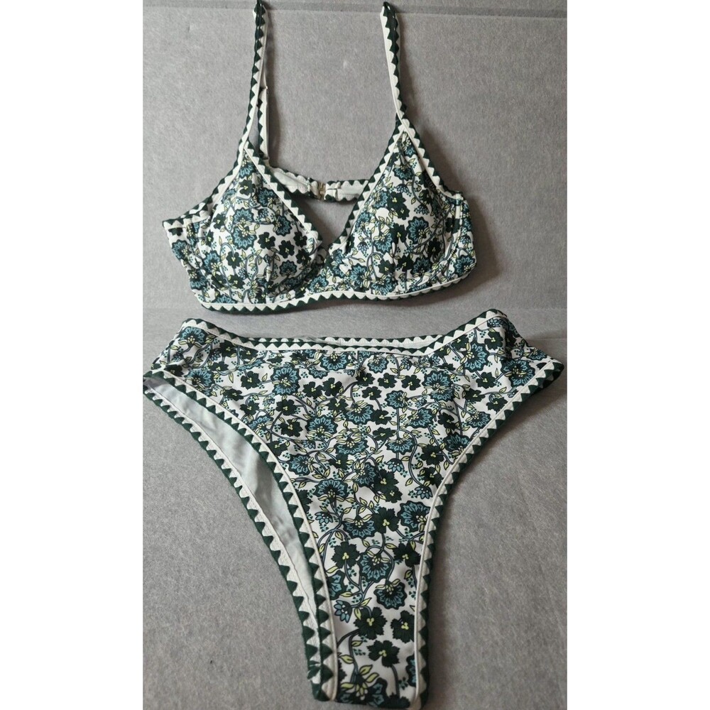 CUPSHE Women Sz XL Bikini Set Blue/Green Floral Solid Trim Swimwear NWT
